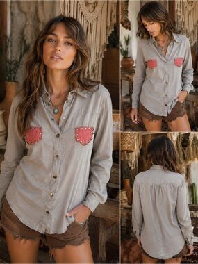 The Hanger Studded Pocket Snap Button Up Shirt Beige Pink Size Small Boho